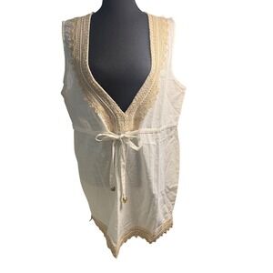 Mud Pie Marcia Jute Trim Cover Up Tunic White Tan Embroidered V-Neck Large NWT